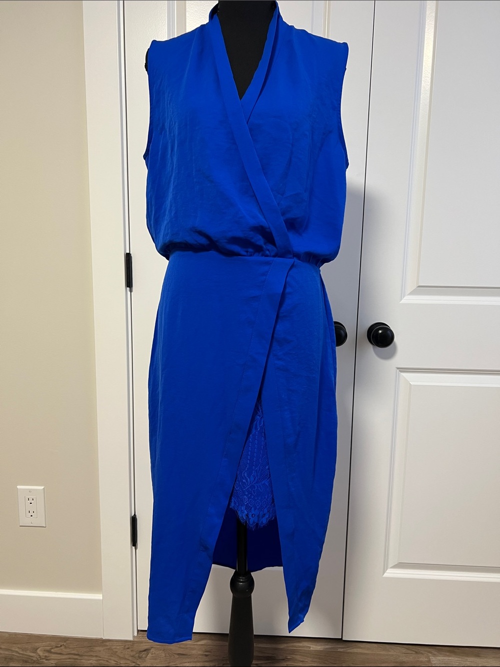 NSR Blue Sleeveless Faux-Wrap Midi Dress